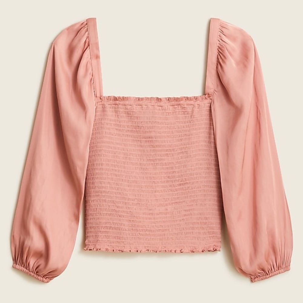 J CREW SMOCKED SQUARE NECK FEATHERWEIGHT SATIN TOP CLAY SAND NWT SZ LG